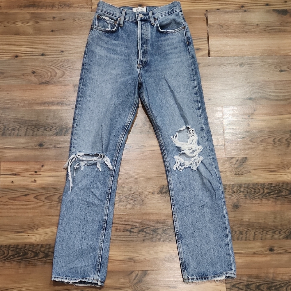 AGOLDE 90s Distressed Knee Mid Rise Button Fly Straight Leg Jeans 24 Medium Wash